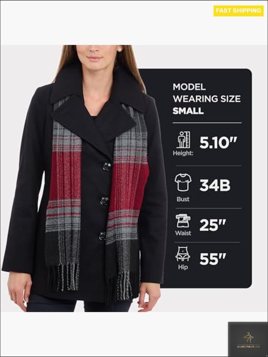 Plus Size Double Breasted Wool Blend Peacoat with Scarf Classic Elegant Formal - Picture 4 of 7